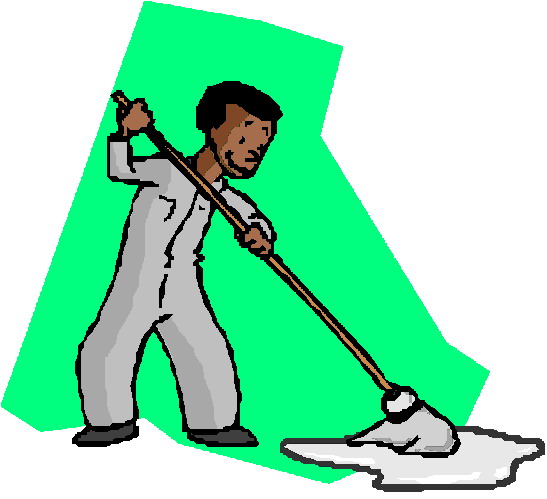 A man in a white uniform mopping a floor with a green background shaped like the letter 'A'.