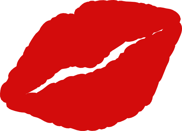 Bold red lipstick kiss mark on white background, stylized and graphic.