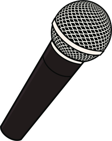 Black handheld dynamic microphone with silver grille and white bands, illustrated in clean vector style.