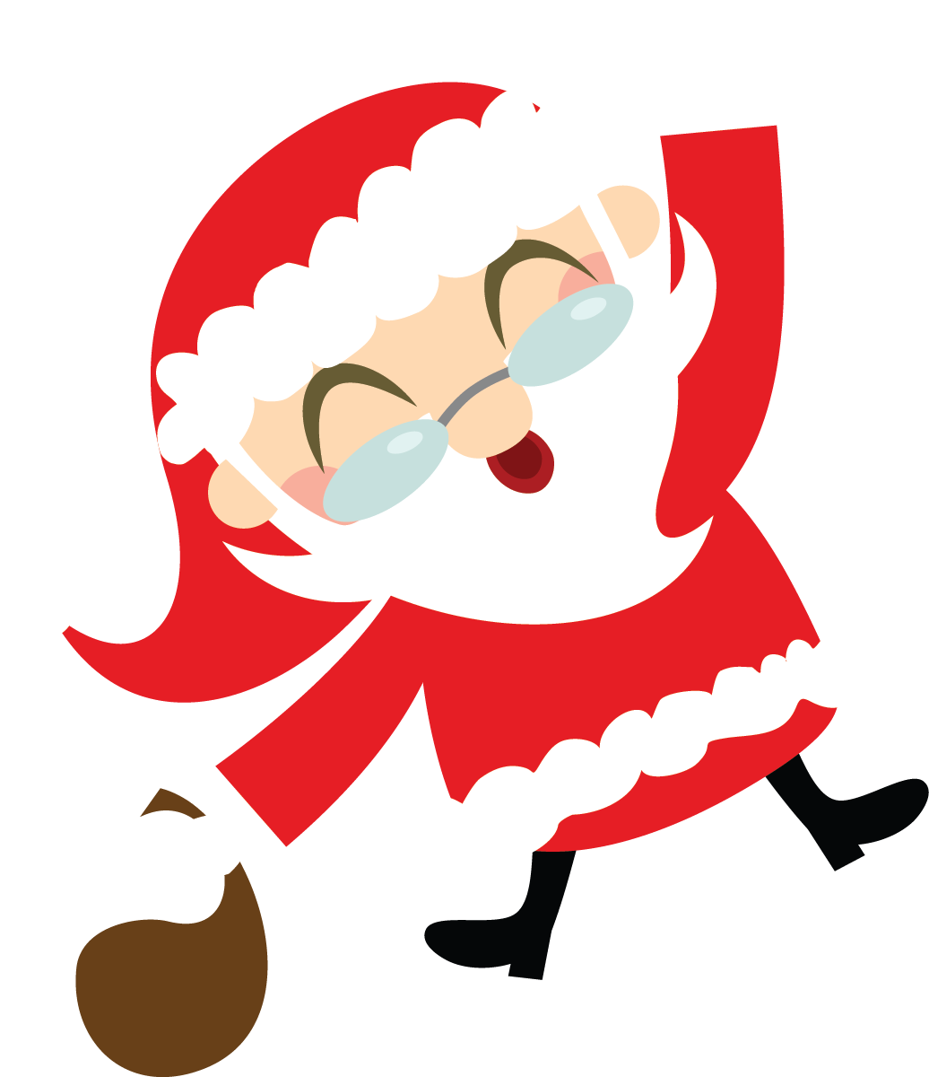 Cheerful cartoon Santa Claus in red suit, glasses askew, laughing while running with a gift sack.
