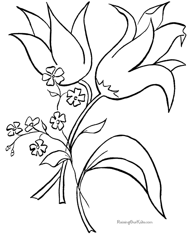 Black-and-white line drawing of two large tulip-like flowers with small blossoms and leaves on a stem.