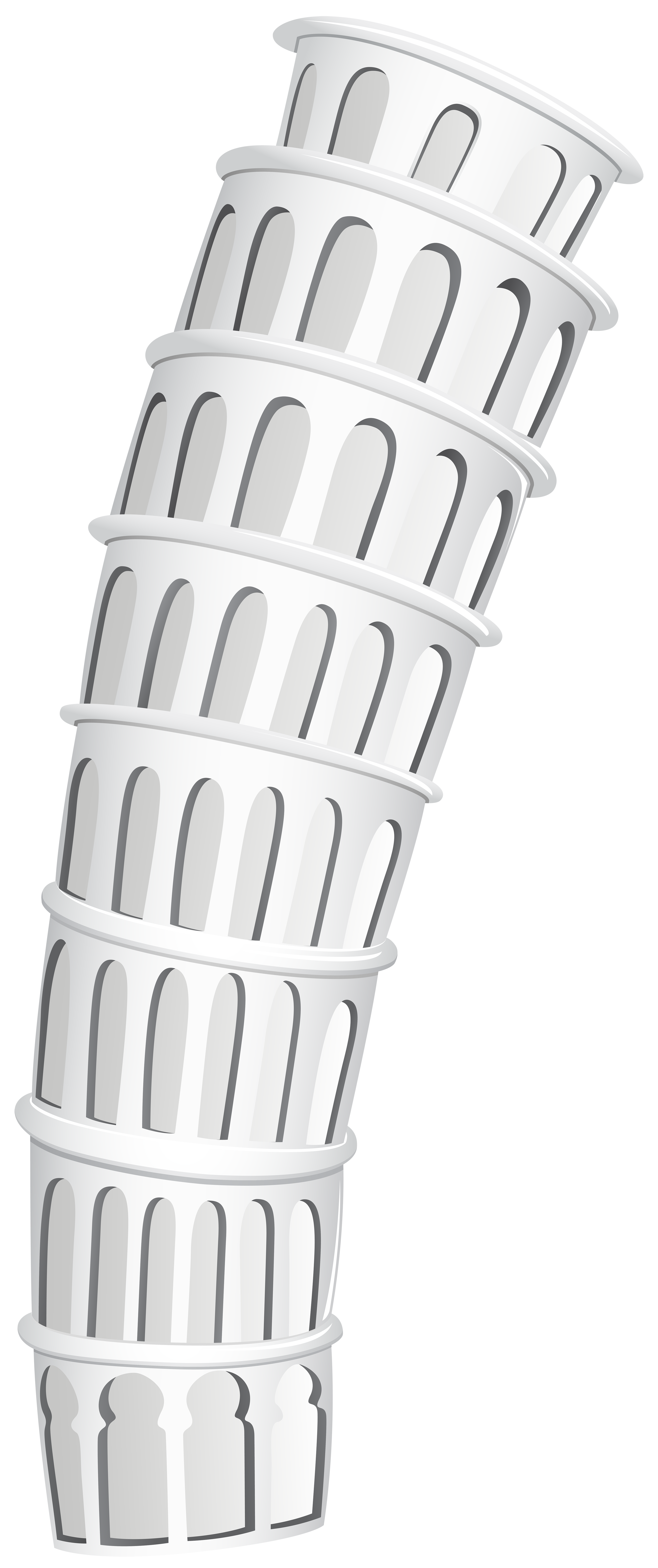 Stylized grayscale illustration of the Leaning Tower of Pisa with arched levels and classical columns.