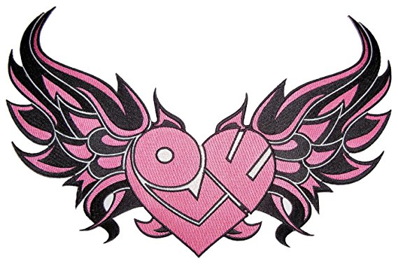 Love Heart with Wings Embroidered Patch - Pink Tribal Design