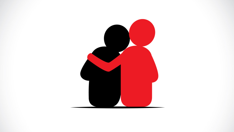 Red and black stylized figures embracing in a supportive hug on white background.