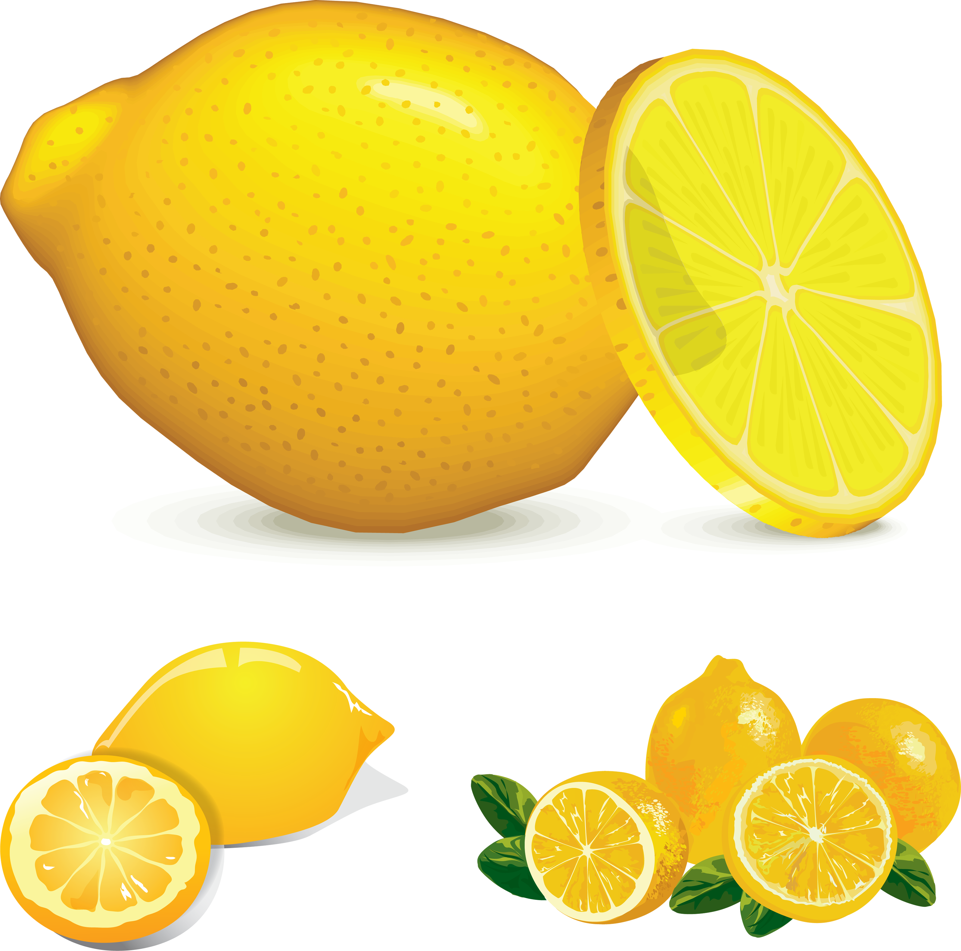 Vibrant yellow lemons-whole, halved, and sliced-with green leaves on white background.