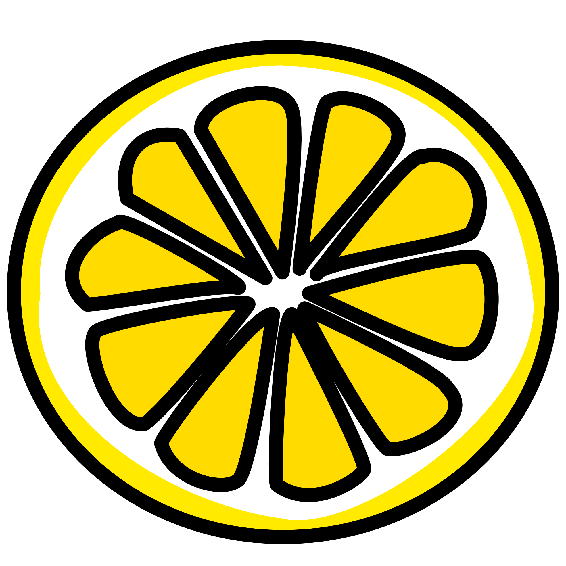 Stylized yellow lemon slice with black outlines and white center, circular design.