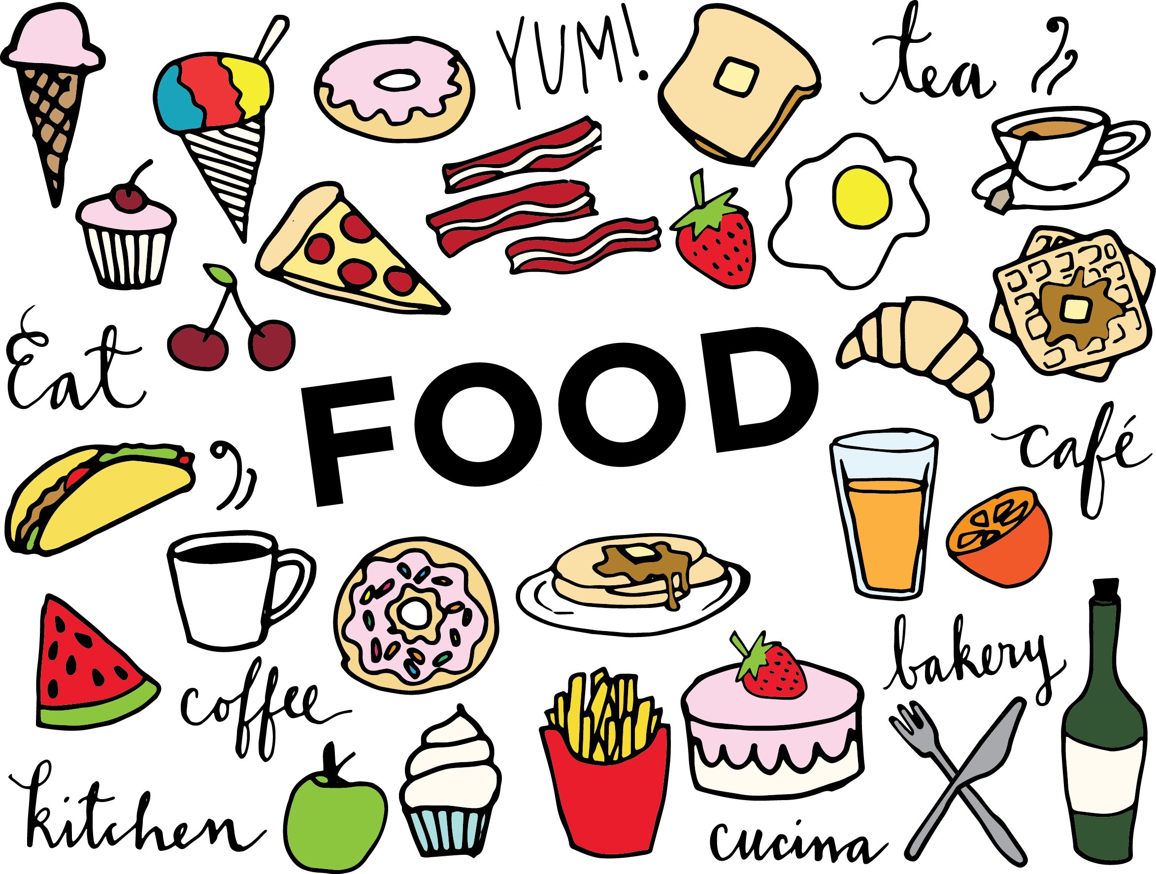 Colorful hand-drawn food icons including pizza, donuts, coffee, tacos, waffles, and fruits surrounding the word "FOOD".