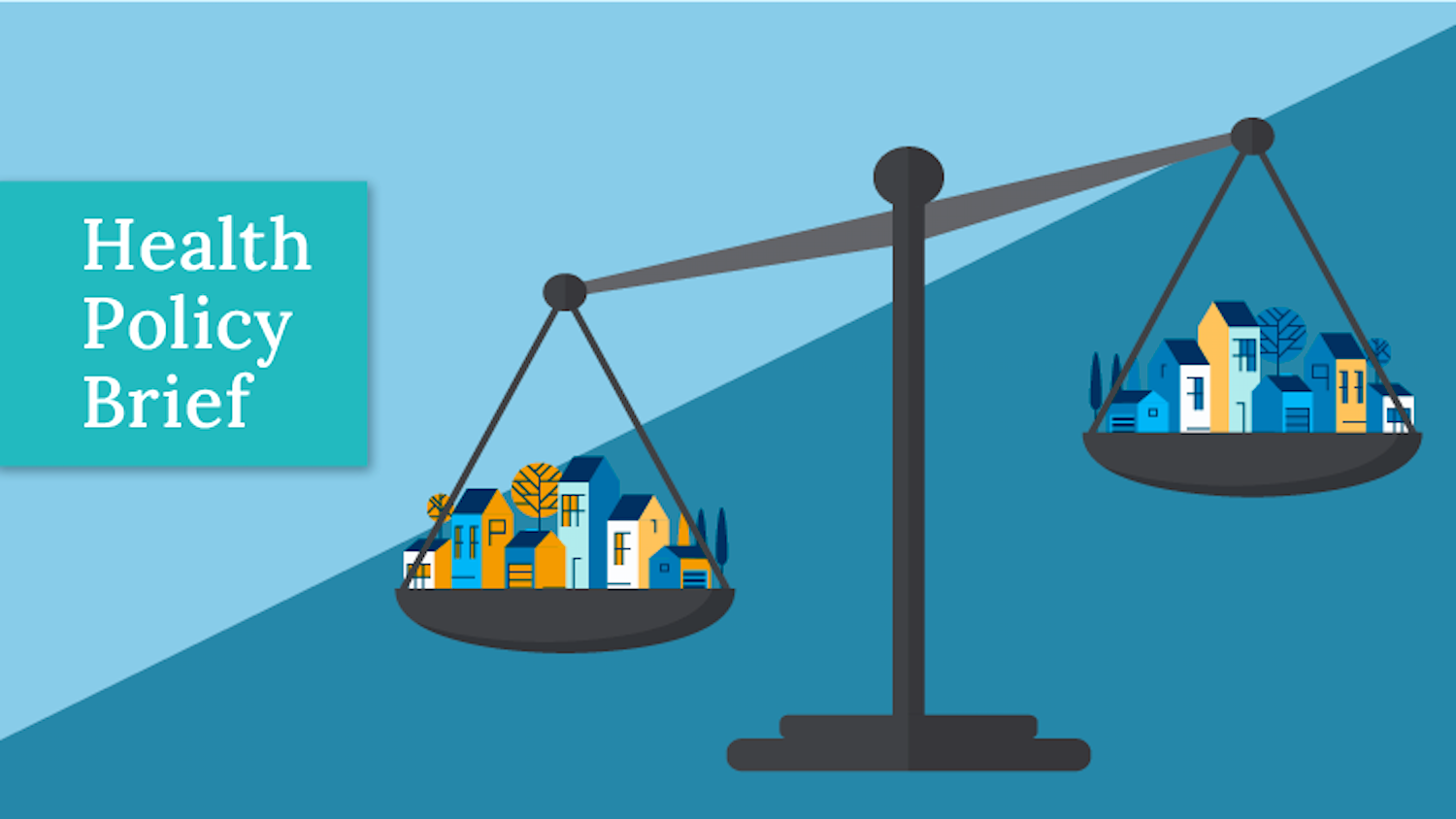 A balance scale with two communities of houses, one side lower than the other, illustrating health equity imbalance.