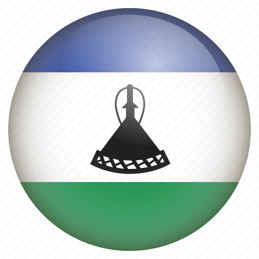 Flag of Lesotho in a glossy circular badge with blue, white, and green stripes and a black Basotho hat emblem.