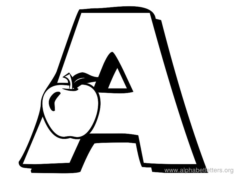 Bold uppercase letter A with a cartoon apple nestled inside its left leg, black-and-white line art for educational use.