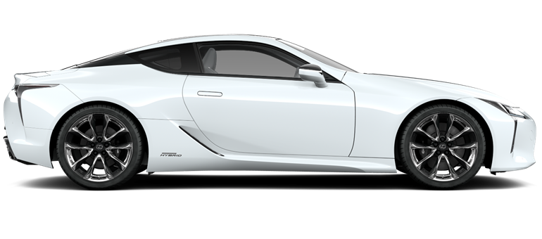 White Lexus LC 500h hybrid coupe in side profile on black background, showcasing sleek design and alloy wheels.