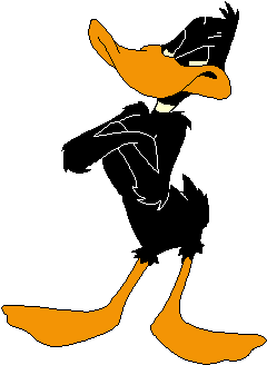 Daffy Duck standing with arms crossed, wearing a black suit and orange beak and feet, in classic cartoon style.