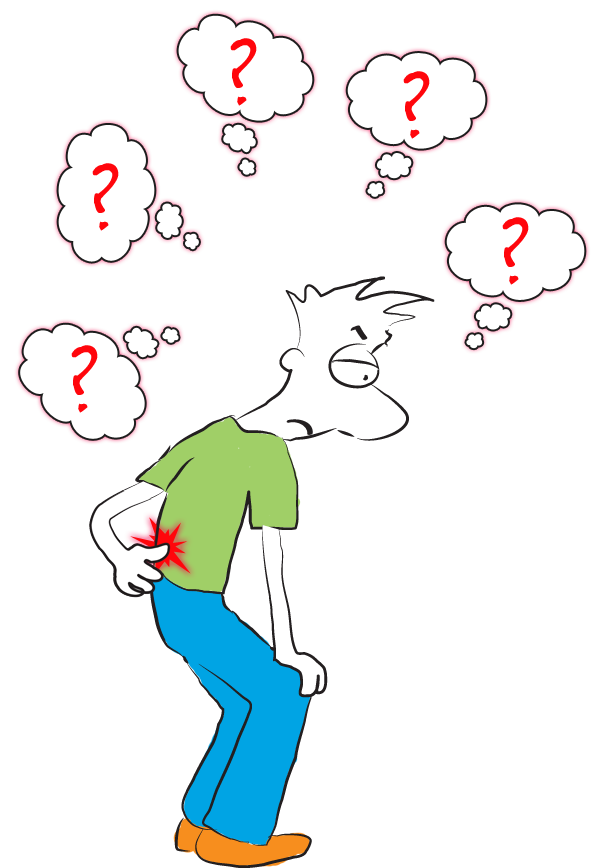 Cartoon man holding lower back in pain, surrounded by question mark thought bubbles.