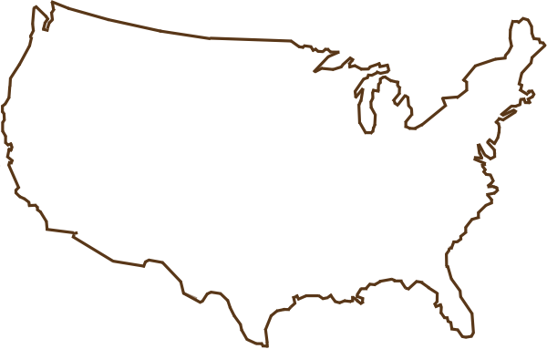 Outline map of the United States showing contiguous 48 states and Alaska, Hawaii omitted; simple brown line on white background.