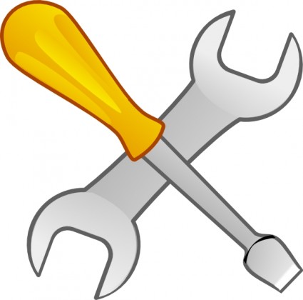 A yellow-handled screwdriver crossed with a silver wrench on a white background, symbolizing tools or repair services.