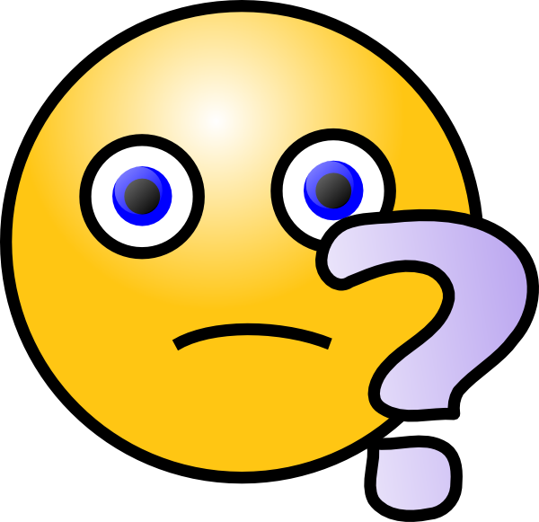 Yellow thinking face emoji with wide blue eyes, a downturned mouth, and a large purple question mark beside its head.