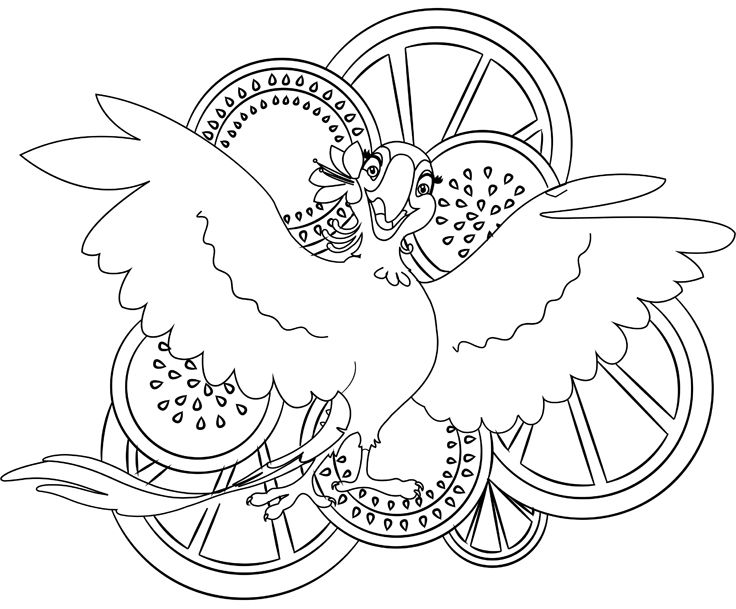 A stylized line-art bird with outstretched wings surrounded by citrus slices and decorative patterns.