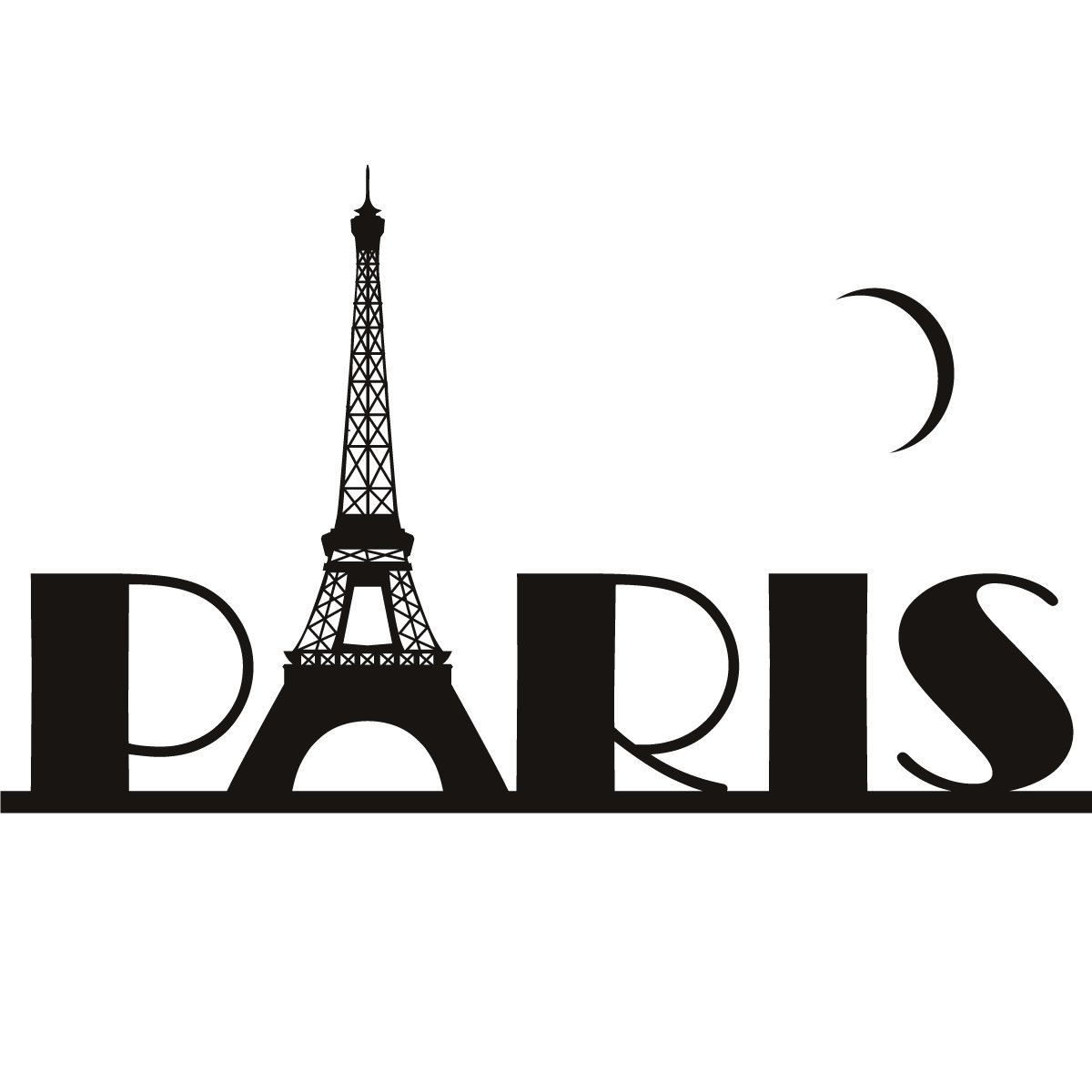Paris skyline silhouette with Eiffel Tower integrated into the word "PARIS" and a crescent moon above.
