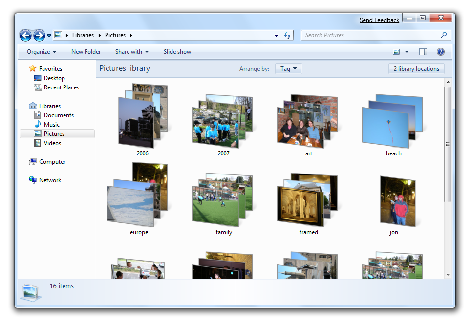 Windows 7 Pictures library window showing folders like 2006, 2007, art, beach, europe, family, framed, jon with thumbnail previews.
