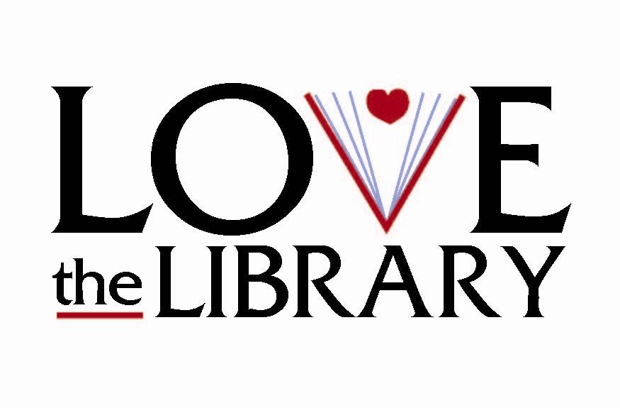"LOVE the LIBRARY" logo with open book forming the "V" and a red heart above it.