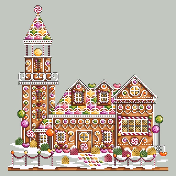 Pixel-art gingerbread house with colorful icing, candy decorations, and snowy fence-festive holiday illustration.