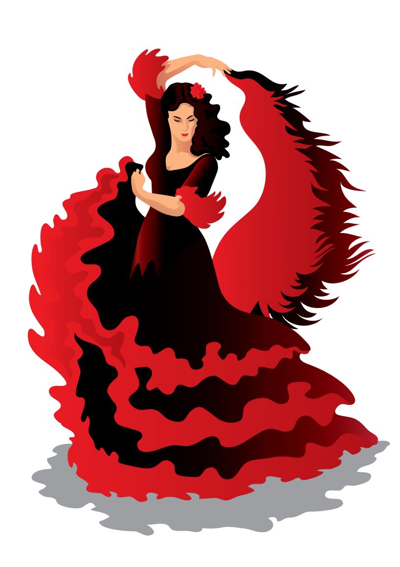 Flamenco dancer in black dress with flowing red ruffles, arms raised gracefully, flower in hair.