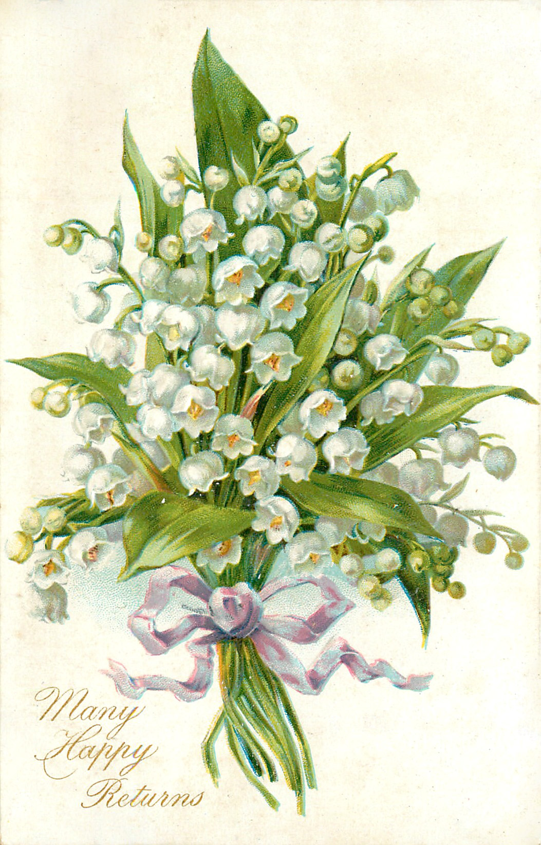 Vintage illustration of a lily-of-the-valley bouquet tied with a lavender ribbon, with "Many Happy Returns" script below.