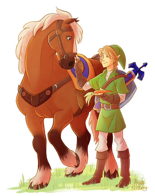 Link from The Legend of Zelda gently offering a carrot to his horse Epona, both smiling in a grassy field.