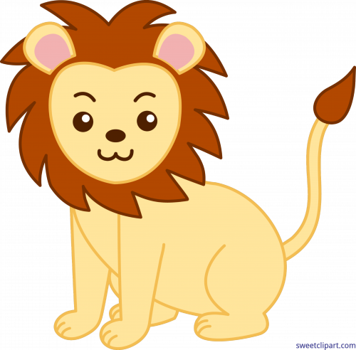 Cute cartoon lion sitting with friendly expression, brown mane, pink ears, and raised tail.