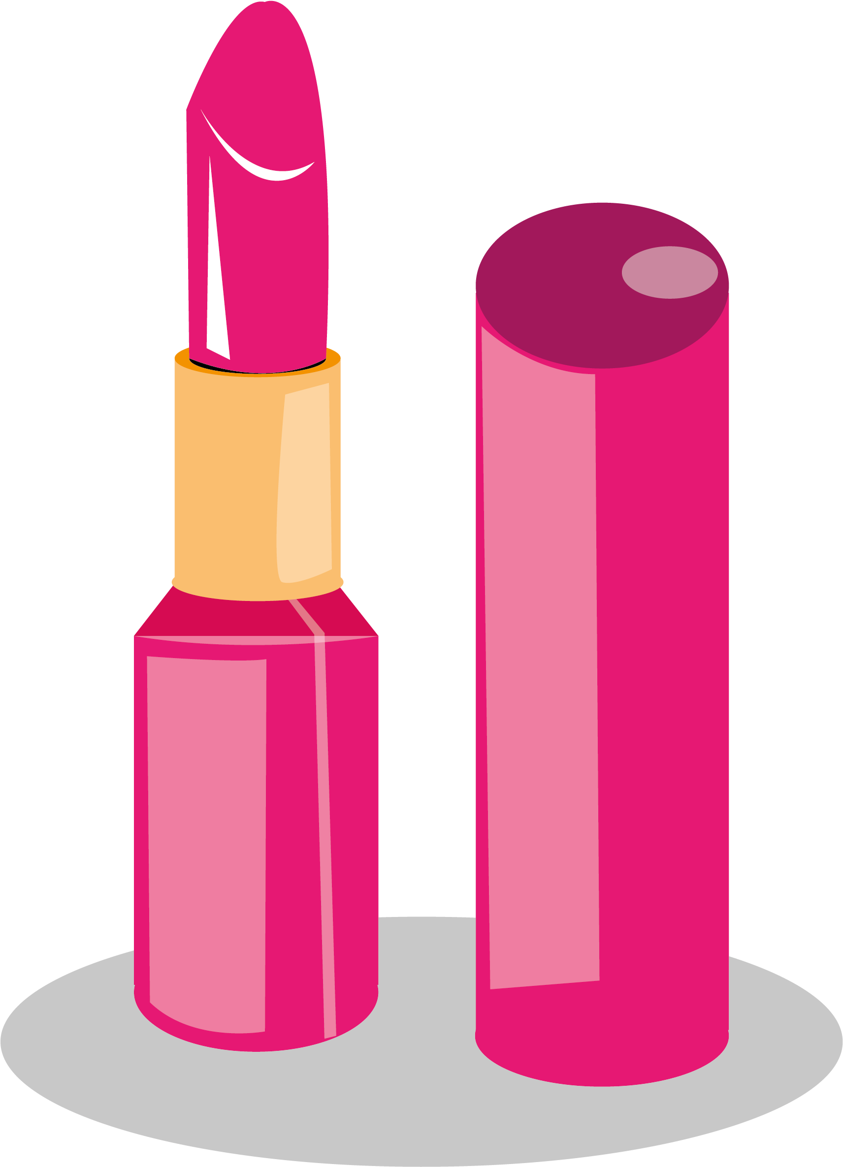 Bright pink lipstick with gold band, cap removed and placed beside it on a gray base.