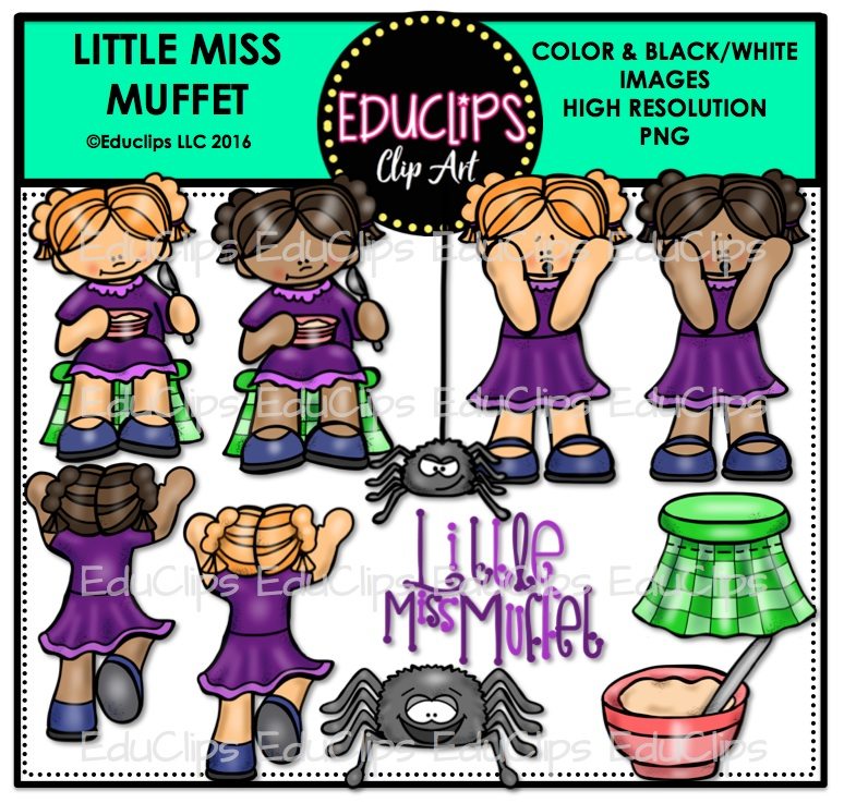 Little Miss Muffet clip art set featuring girl in purple dress with spider, bowl, and green stool; color and B&W versions included.