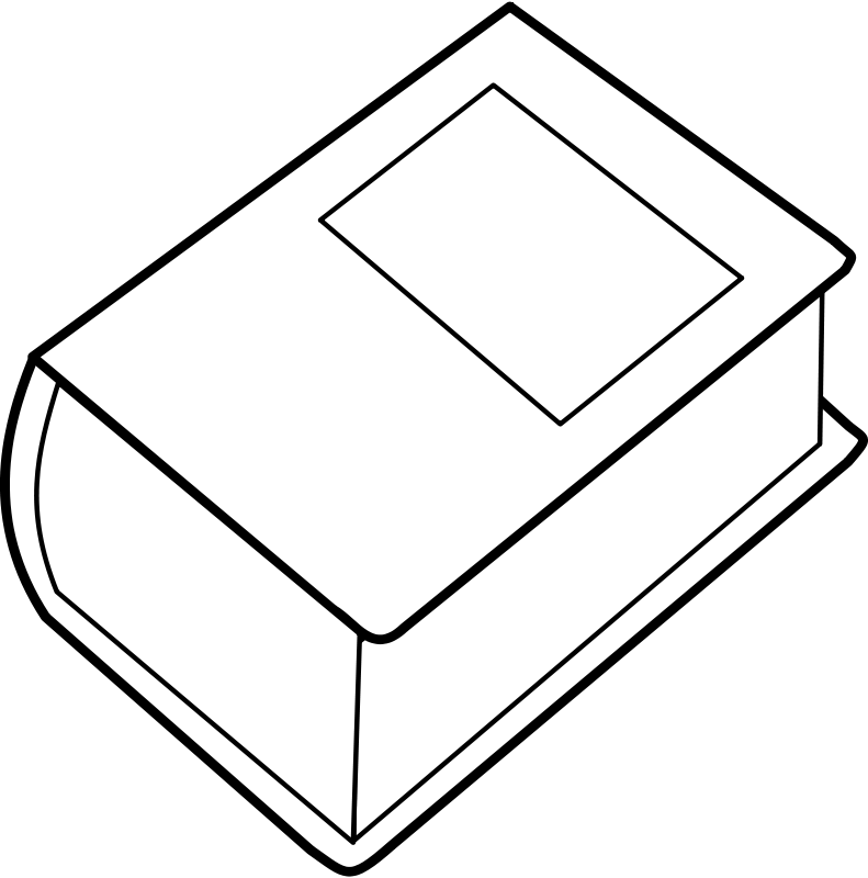 Simple line drawing of a closed hardcover book with a blank cover and spine, shown in isometric view.