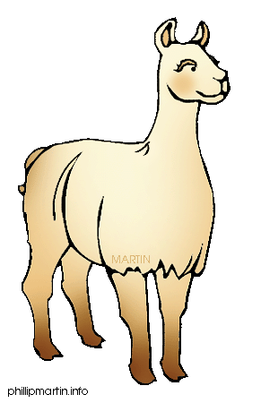 A cartoon-style beige llama standing in profile with gentle expression and brown legs, signed "MARTIN".