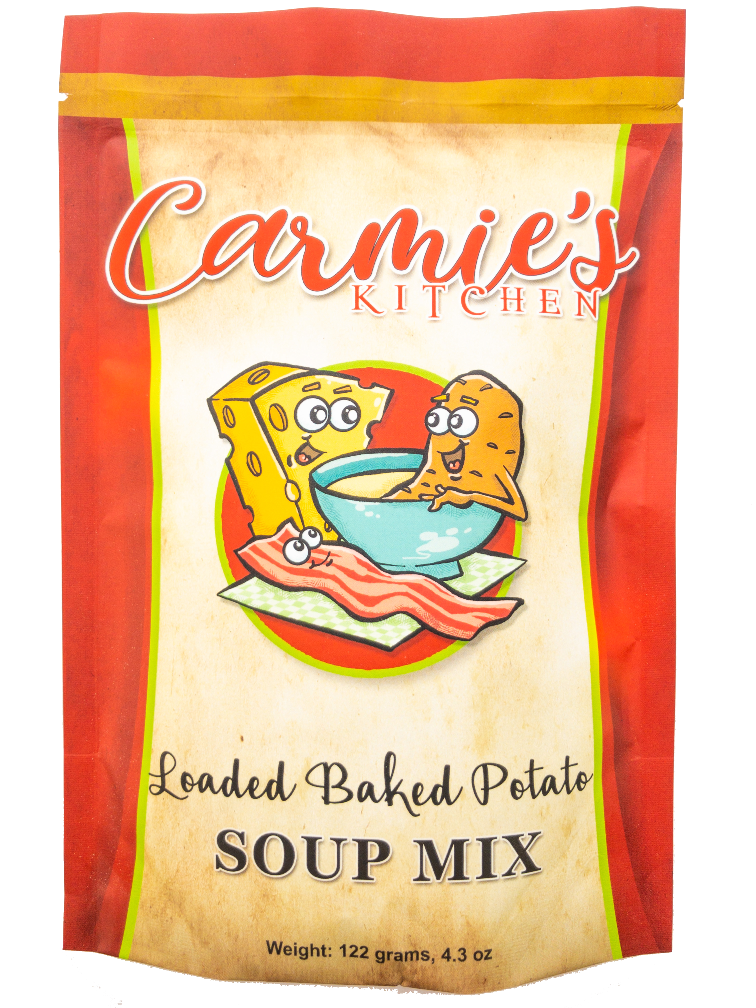 Carnie's Kitchen Loaded Baked Potato Soup Mix package with cartoon cheese, potato, and bacon characters.