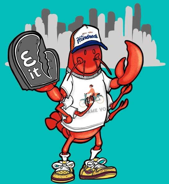 A cartoon red lobster wearing a "New York Hundreds" cap, graphic tee, sneakers, and holding a broken heart-shaped sign saying "Exit".