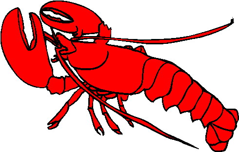 Red cartoon-style lobster with large claws, segmented tail, and antennae on white background.