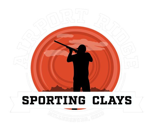 Silhouette of a clay pigeon shooter against an orange target backdrop with "Airport Ridge Sporting Clays" branding.