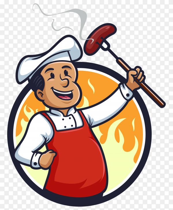 Cheerful chef in white hat and red apron grilling a sizzling sausage over flames, smiling confidently.