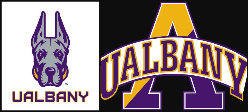 Albany Great Danes logo featuring a stylized greyhound head and arched "UALBANY" lettering in purple and gold.