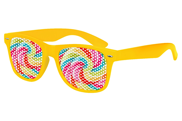 Bright yellow novelty sunglasses with colorful swirled lollipop-patterned lenses and white polka dots.