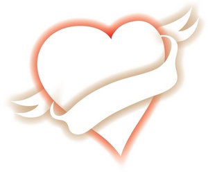 White heart with ribbon and wings, glowing red outline, symbolic of love and freedom.
