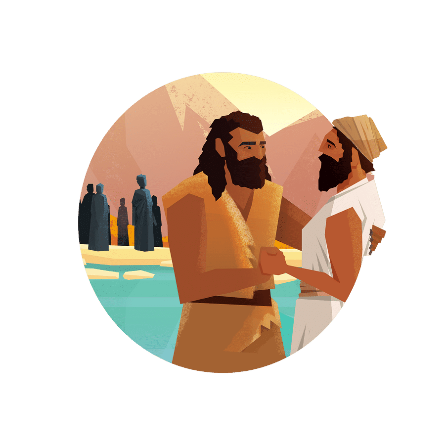 Two bearded men in ancient robes shaking hands by a river, with onlookers and mountains in the background.