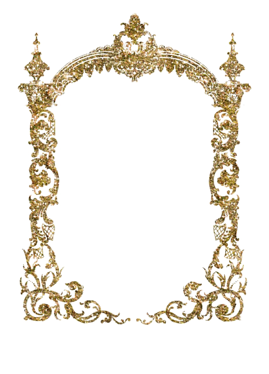 Ornate gold baroque-style frame with intricate scrollwork and glittering texture, arched top and decorative finials.