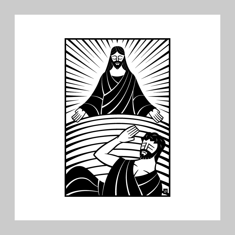 Black-and-white linocut-style illustration of a serene landscape with stylized mountains, flowing water, and abstract organic forms.