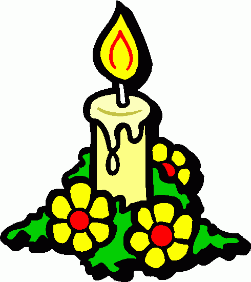 A lit yellow candle with dripping wax, surrounded by green leaves and yellow flowers with red centers.