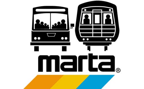 MARTA logo featuring black silhouettes of a bus and train above the word "marta" and colorful stripes below.