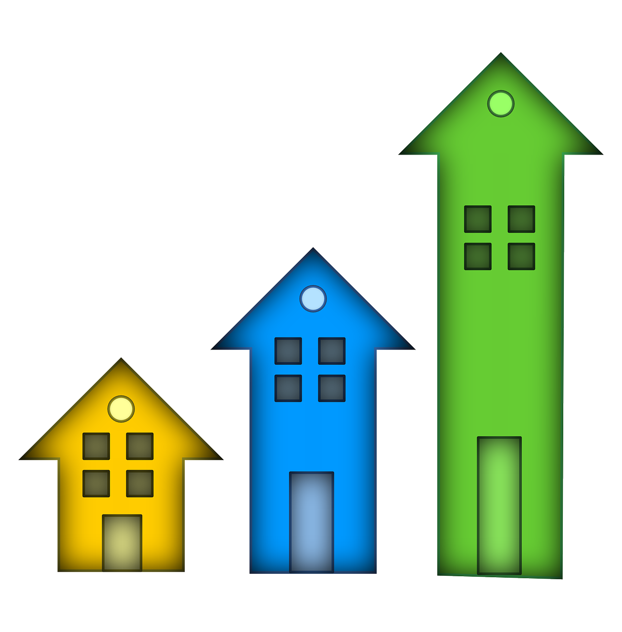Three stylized arrow-shaped houses in yellow, blue, and green, each with windows, a door, and a circular attic window.