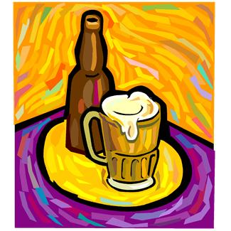 Vibrant expressionist-style illustration of a beer bottle and frothy mug on a colorful tablecloth.
