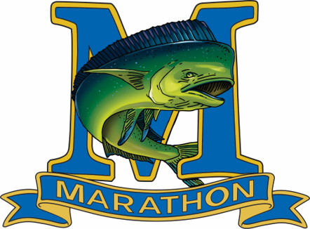 Marathon Florida logo featuring a mahi-mahi fish inside a blue and gold letter M with banner reading "MARATHON".