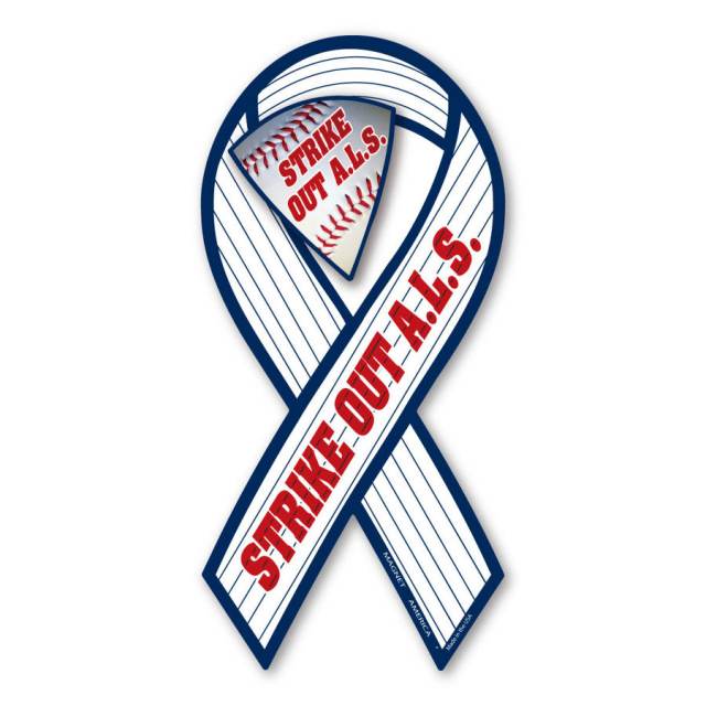 Blue and white awareness ribbon with "Strike Out A.L.S." text and baseball-themed design.